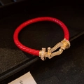 Red braided cord bracelet with gold horseshoe buckle encrusted with clear cubic zirconia - No.65 Horseshoe Buckle Braided Rope Bracelet-Gold-Red