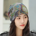 Women's warm knitted boho paisley printed beanie hat and neck warmer in multicolor - Standard / Wheat Ear-Grey