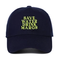 Detail of neon yellow Save Water Drink Margs embroidery on navy blue cotton baseball cap - Navy Blue