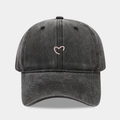 Retro washed dark grey baseball cap featuring pink heart embroidery and a curved brim - Black (Pink Heart Embroidery 2#)