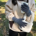 Detailed view of dark grey knitted gloves with ribbed texture and small cuff logo label - Slate Gray
