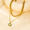 Collana a doppio strato in oro titanio con ciondolo sole e charms smaltati - Collana Piastra Rotonda Doppia Catena Oro