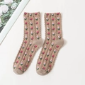 Brown knit crew socks with classic cable pattern and small red white floral embroidery - One Size / Light Coffee