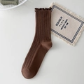 Brown mid-calf cotton sock with ruffled cuffs and vertical ribbed texture detail - One Size / Coffee