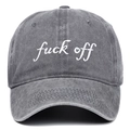 Vintage dark gray washed cotton baseball cap with white embroidered Fuck Off script lettering - Gray