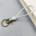 White woven leather keychain with vintage brass horseshoe buckle and keyring accessory - White Leather Rope Bronze Horseshoe Buckle