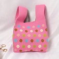 Pink knitted handbag with multi-color polka dots and dual handles for daily commute - Rainbow Polka Dot Pink