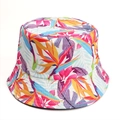 Detail of floral bucket hat featuring tropical bird of paradise patterns and fine stitching - White Background Bird of Paradise Leaf Print (Style E)