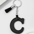 Black PU leather letter C keychain with matching fringe tassel and silver metal ring - Black-Letter C