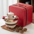 Portable ceramic tea set with stove and cups in a red leather travel storage case - Warrior Jar Pot Tea Set (Red) Gift Box / 1 Pot 4 Cups + Stove + Grill + Base + Red Case