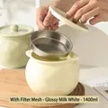 Glossy creamy white 1400ml ceramic oil storage pot with handle and fine mesh filter - 1400ml Glossy Milk White (With Filter)