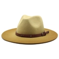 Classic two-tone wool fedora hat with contrast brim and buckled leather band decoration - M (56-58cm) / Ginger (Light Yellow-Dark Yellow Bicolor)