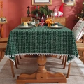 Nappe de Noël à carreaux verts et noirs avec pompons blancs et motifs de flocons - 60*60cm / Carreaux Vert Petit avec Boules Blanches