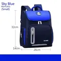 Sky blue and navy ergonomic backpack for kindergarten children featuring cartoon bear icon - Small (32x26x14cm) / Sky Blue