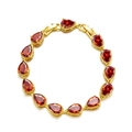 Detail of a gold bracelet featuring sparkling red water-drop shaped AAA cubic zirconia stones - 24K Gold Plated Garnet Red