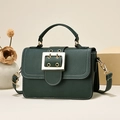 Retro dark green PU leather handbag with gold buckle and adjustable shoulder strap - Green