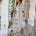 Vestido midi blanco de verano con cuello en V y lunares negros con lazo en la cintura - S / Blanco con puntos negros