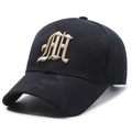 Dark camouflage trucker hat with golden M embroidery and black breathable mesh - Navy Camo Gold Embroidery / Navy Blue