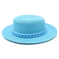 Detail of light blue woven boater hat featuring a stylish matte plastic chain decoration - M (56-58cm) / Lake Blue
