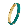Detailed side view of a green enamel ring with inlaid diamonds and gold finish - Green