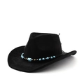 Detail van zwarte suède cowboyhoed met turquoise kralenband en metalen accenten - M (56-58cm) / Zwart