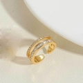 Double layer 14K gold plated ring with round zircons and rectangular gemstones - 14K Gold Hollow White Zirconia