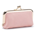 Compact pink genuine leather coin purse with litchi grain and gold metal clasp closure - Pink