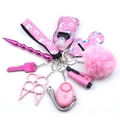 Pink self-defense keychain set including alarm, plush ball and neoprene storage pouches - Unicorn Pattern