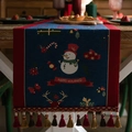 Dark blue Happy Holidays Christmas table runner with festive tassels and red borders - Blue Snowman Design With Red Tassels (do Not Machine Wash)