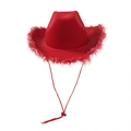 Detail of red cowboy hat featuring fluffy feather brim trim and adjustable chin strap - Adult Size (58cm) / Red Feather with Silver Tinsel
