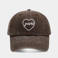 Detail of vintage brown washed cotton baseball cap with white Paris heart embroidery - Adjustable / Coffee