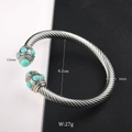 Silver stainless steel cable cuff bracelet with turquoise stone inlays and twisted band - Turquoise / 6.2cm Inner Diameter