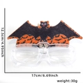Detail of Halloween LED glasses featuring orange and black bat decorations with size dimensions - Big Bat