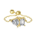 Adjustable gold chain ring with heart and emerald cut crystals for women - Adjustable / Gold-Double Stone-White White