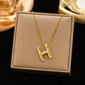 Minimalist gold puffed letter H pendant necklace with a polished snake chain - Gold-H