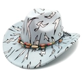 Detail of western cowboy hat with flying bird pattern and colorful beaded hatband - M(56-58cm) / Pinch Front Blue