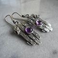 Vintage oxidized silver earrings with purple gemstones and textured metal frames - Purple