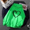 Neon green fleece hoodie with drawstring hood and black heart print on chest - S / Tops / Bright Green