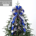 Blue and gold patterned burlap Christmas tree topper bow with elegant velvet ribbon - Blue Gold Cloud Pattern