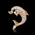 Golden dolphin brooch pin with sparkling white and black crystals on black background - Gold Dolphin Rhinestone Brooch (4070846)