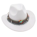Chapeau fedora blanc pour enfant avec bande perlée bohème et pompon gris clair - Taille Enfant (52-54cm) / Blanc