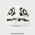 Winter plush crochet hat in black and white flower pattern with soft faux rabbit fur - M (54-58cm) / Black and White