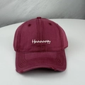 Burgundy vintage cotton baseball cap with Haaaaaapy embroidery and distressed brim detail - One Size (58-60cm) / Burgundy