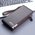 Portefeuille long en cuir marron foncé pour hommes avec fermeture éclair et dragonne - café