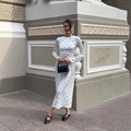 French style white polka dot long sleeve maxi dress with slim fit and elegant design - S / White Q1445