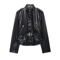 Women's black PU leather biker jacket with stand collar and belted waist on white background - S / Black Faux Leather Short Jacket Coat