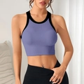 Crop top en tricot côtelé violet ajusté avec bordure contrastée noire sans manches - Violet