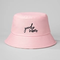 Detail of pink cotton bucket hat featuring black Good Vibes script embroidery - M / Pink