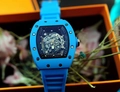 Blue tonneau-shaped skeleton watch with black dial and premium rubber strap for men and women - Blue Skeleton Movement