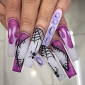 Uñas postizas largas tipo ataúd de Halloween con telarañas y gotas de sangre moradas - Estilo Mate Morado Telaraña (SGCY-359) / Tipo de Pegamento